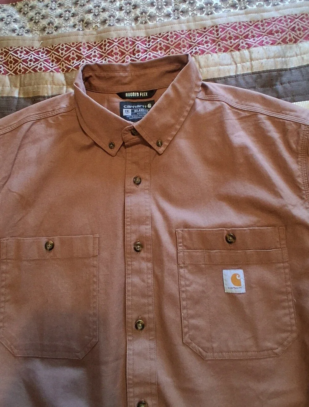 Carhart Men Rugged Flex Short Sleeve Button Front Shirt 2XL Tall Brown Performan